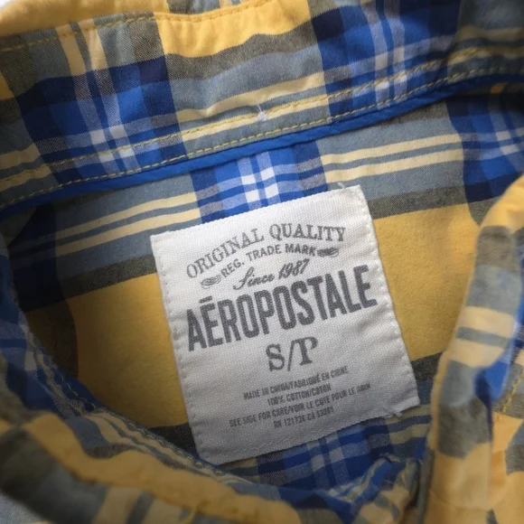 Aeropostale Yellow and Blue Plaid Men's Long Sleeve Shirt S - Picture 4 of 4